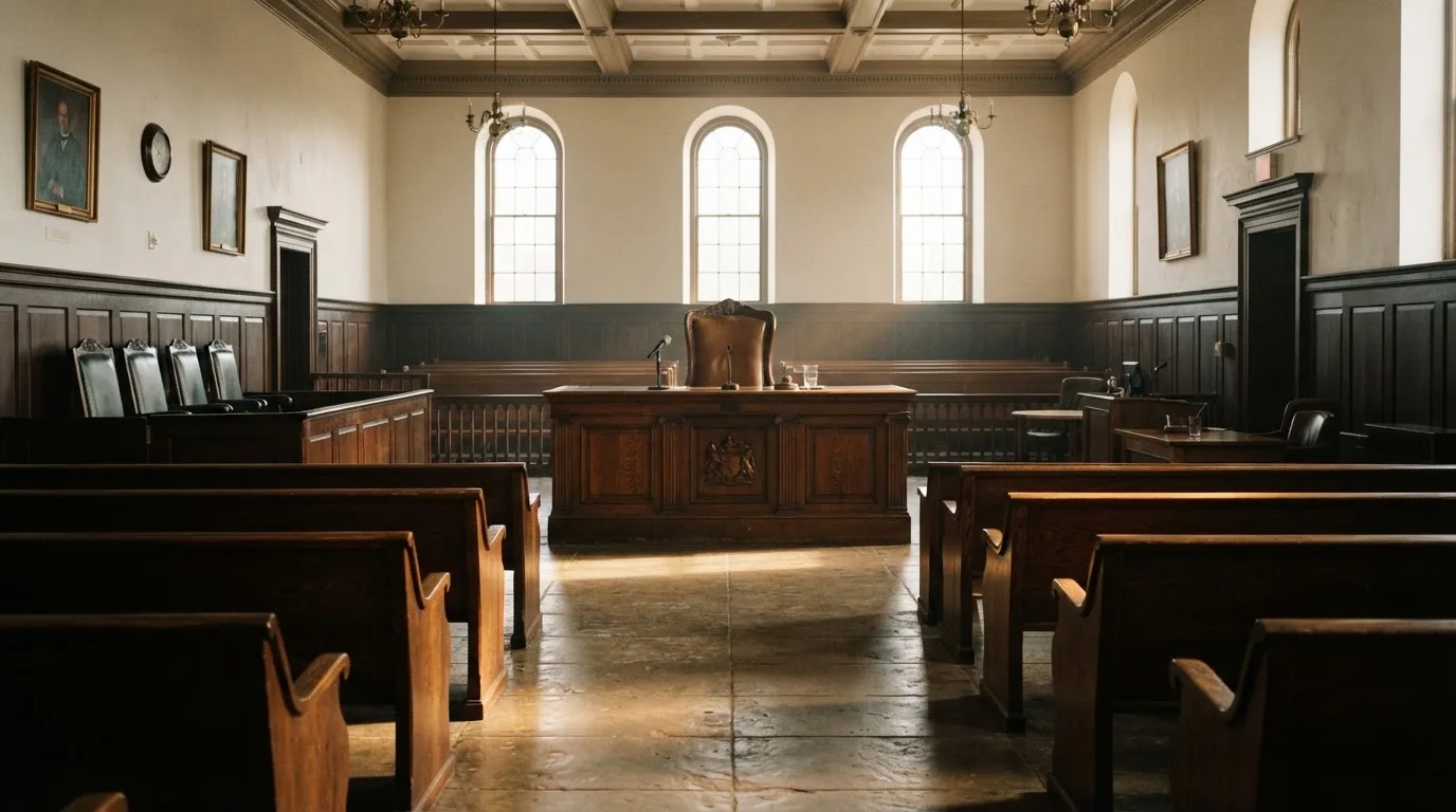 Een lege rechtszaal met houten banken in het ochtendlicht
