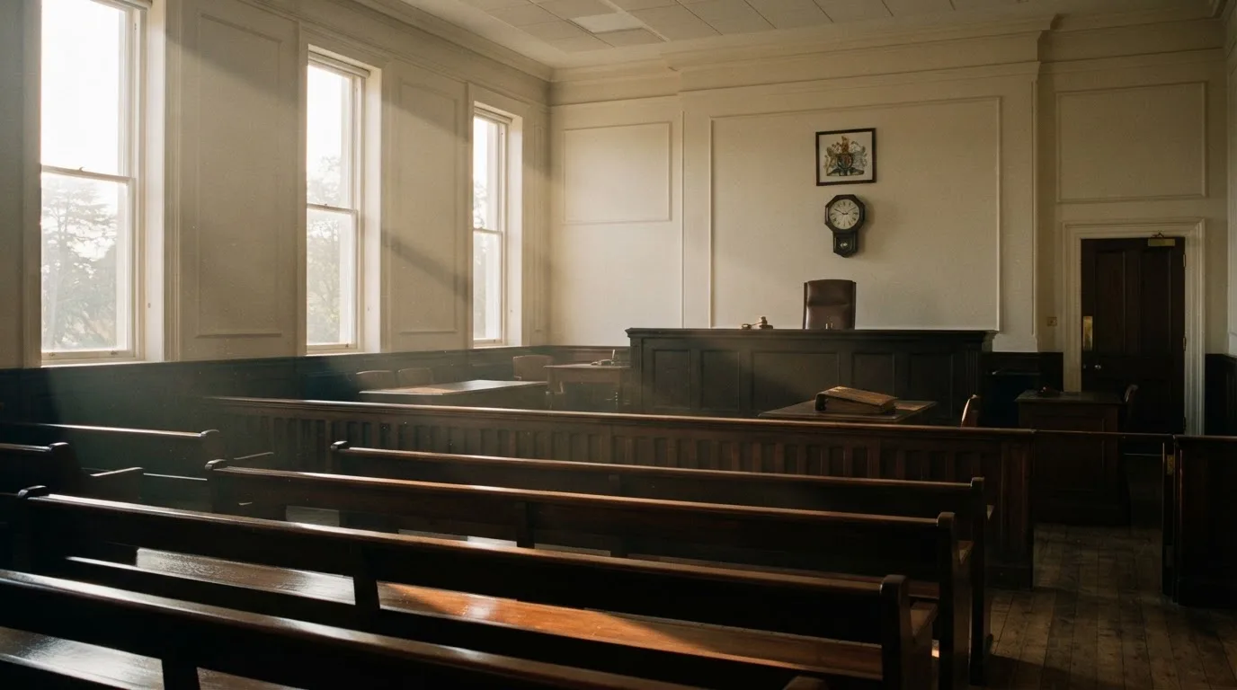 Een lege rechtszaal met houten banken in het ochtendlicht