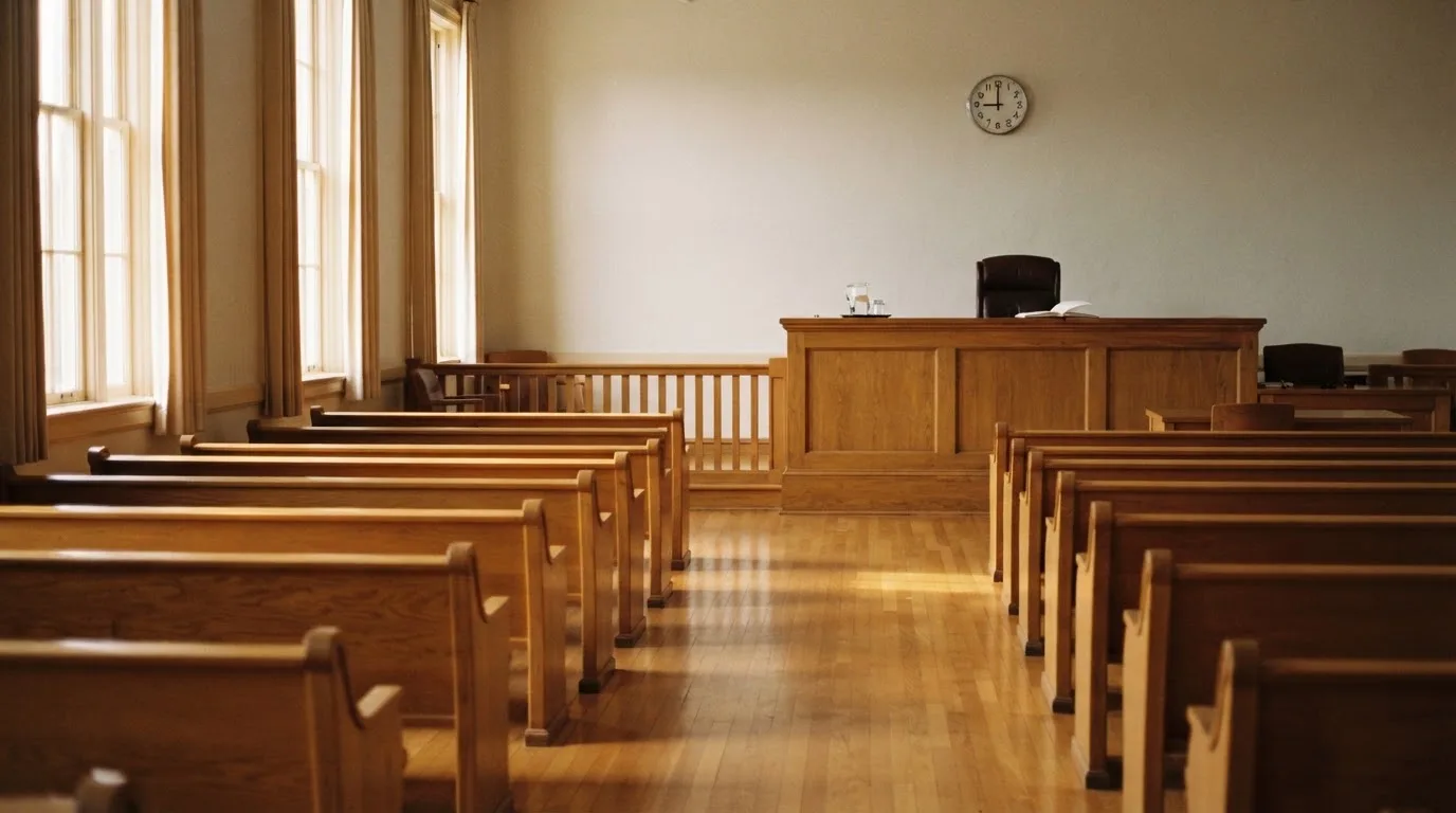 Een lege rechtszaal met houten banken in het ochtendlicht