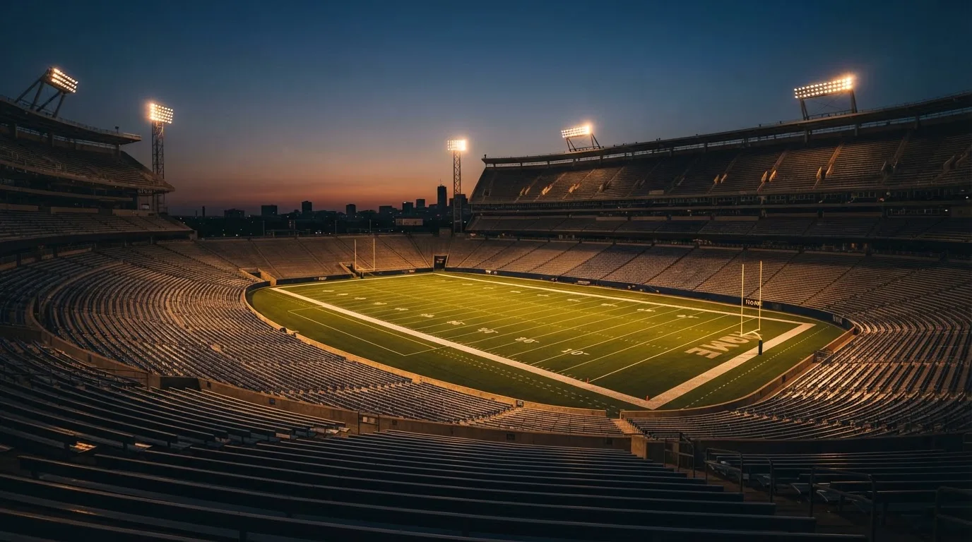 Een leeg voetbalstadion met lichtmasten bij schemering