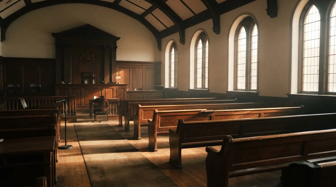 Een lege rechtszaal met houten banken in het ochtendlicht
