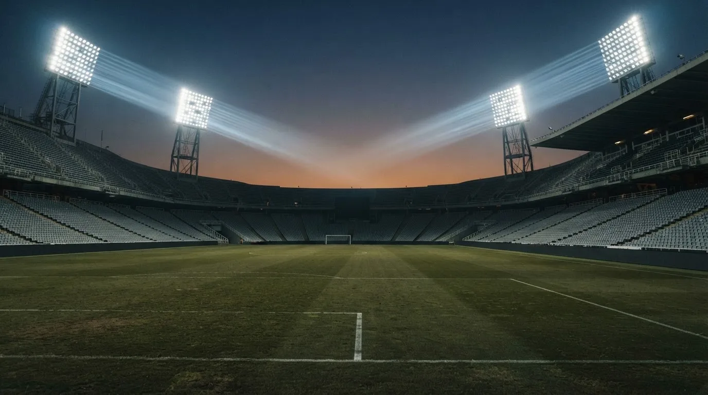 Een leeg voetbalstadion met lichtmasten bij schemering