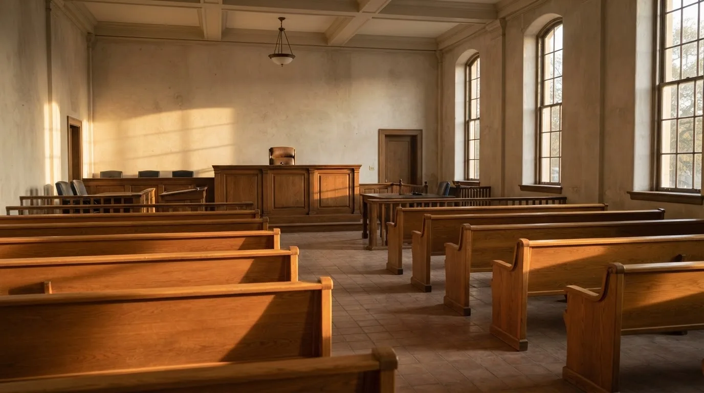 Een lege rechtszaal met houten banken in het ochtendlicht
