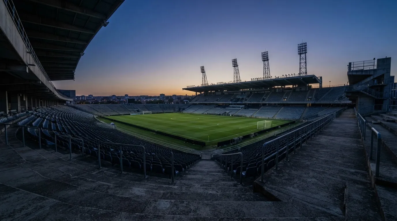 Een leeg voetbalstadion met lichtmasten bij schemering