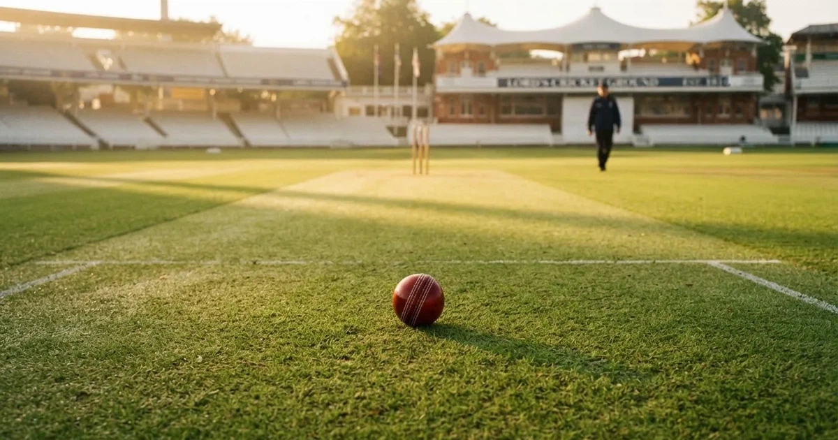 Een voetbal op de middenstip van een grasveld in het ochtendlicht