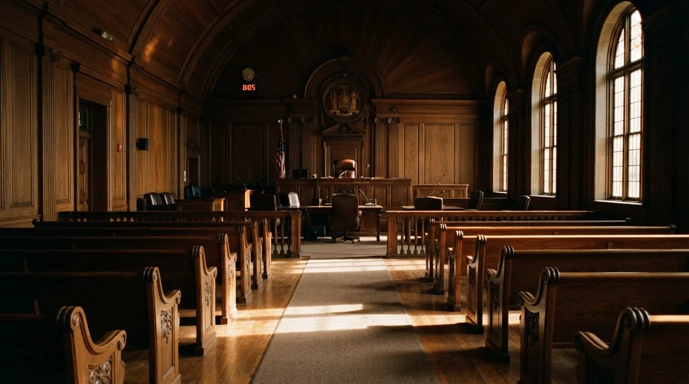 Een lege rechtszaal met houten banken in het ochtendlicht