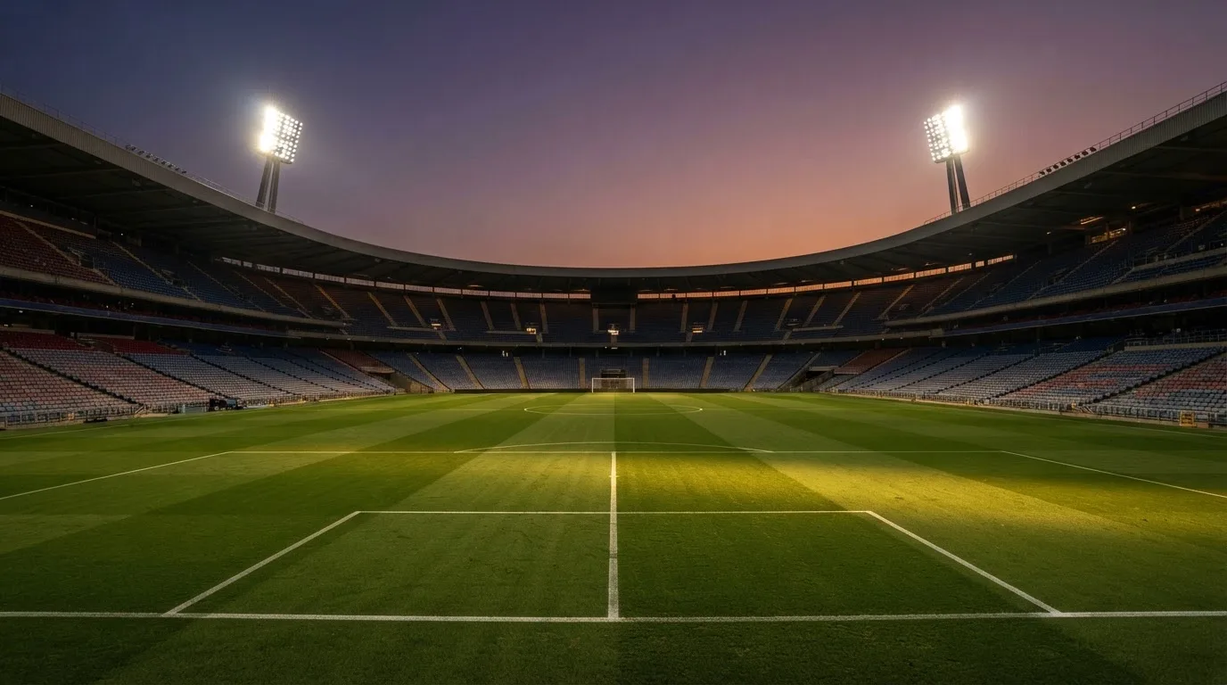 Een leeg voetbalstadion met lichtmasten bij schemering