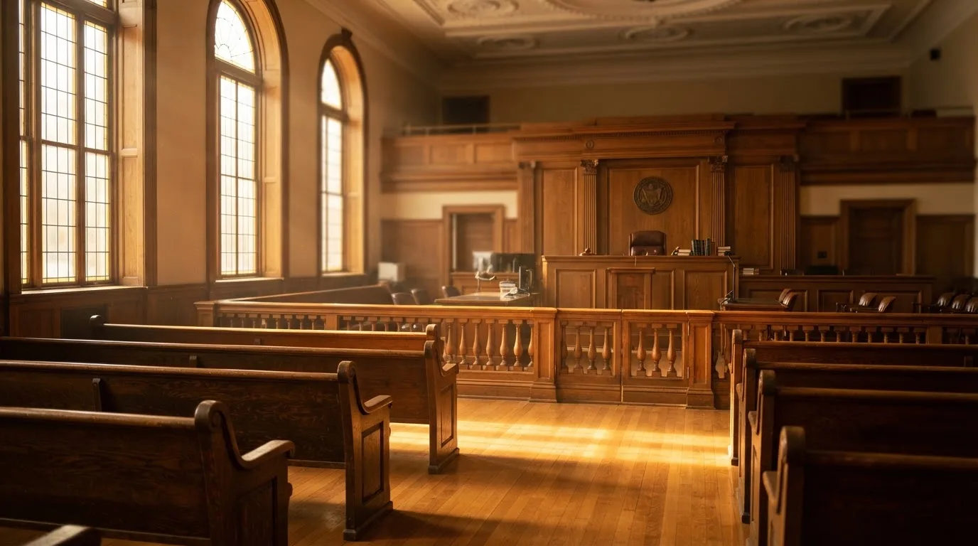 Een lege rechtszaal met houten banken in het ochtendlicht