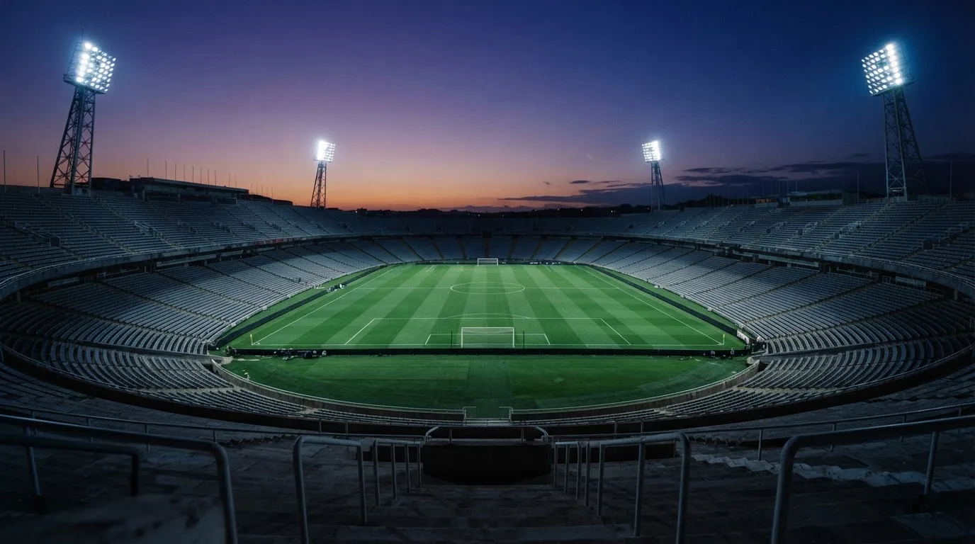 Een leeg voetbalstadion met lichtmasten bij schemering