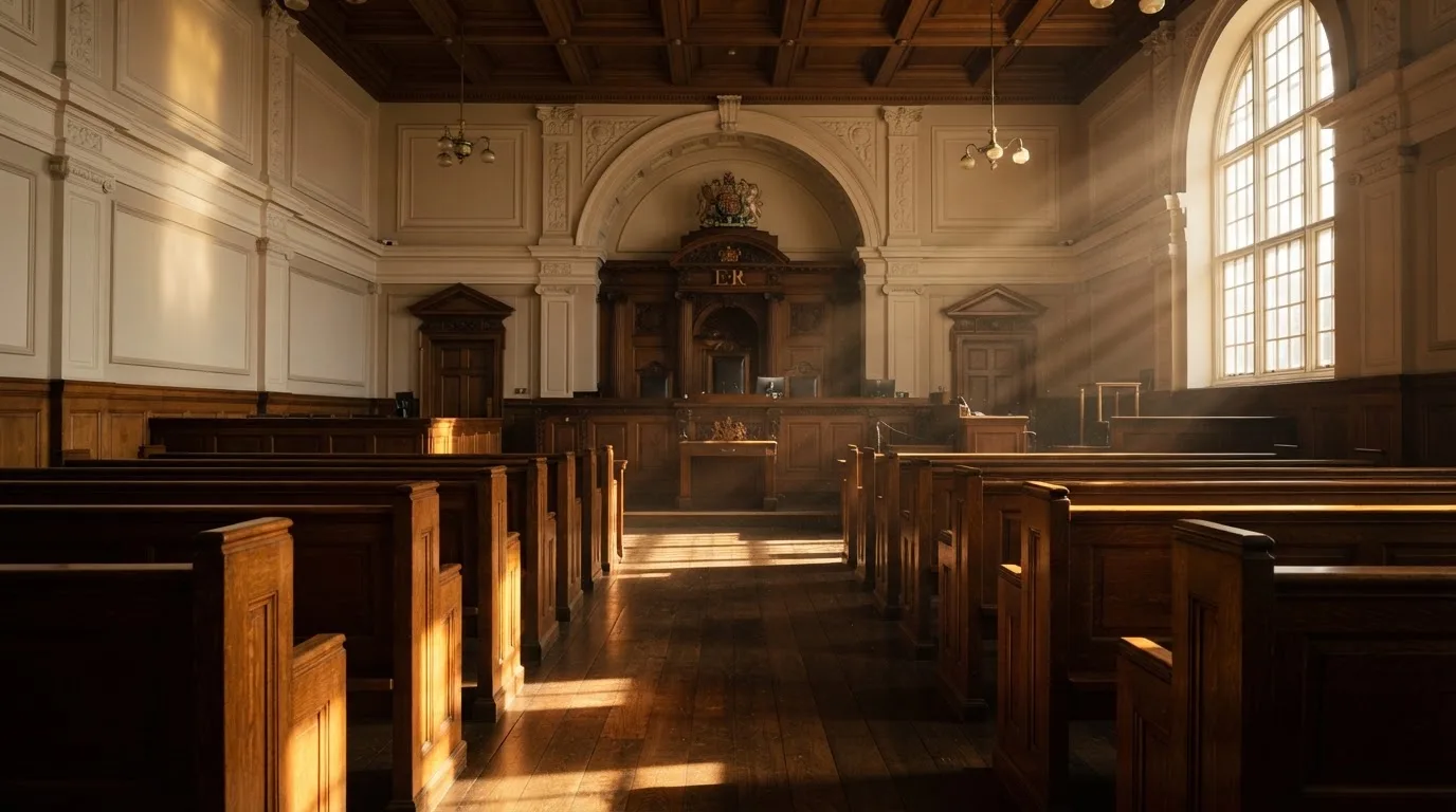 Een lege rechtszaal met houten banken in het ochtendlicht