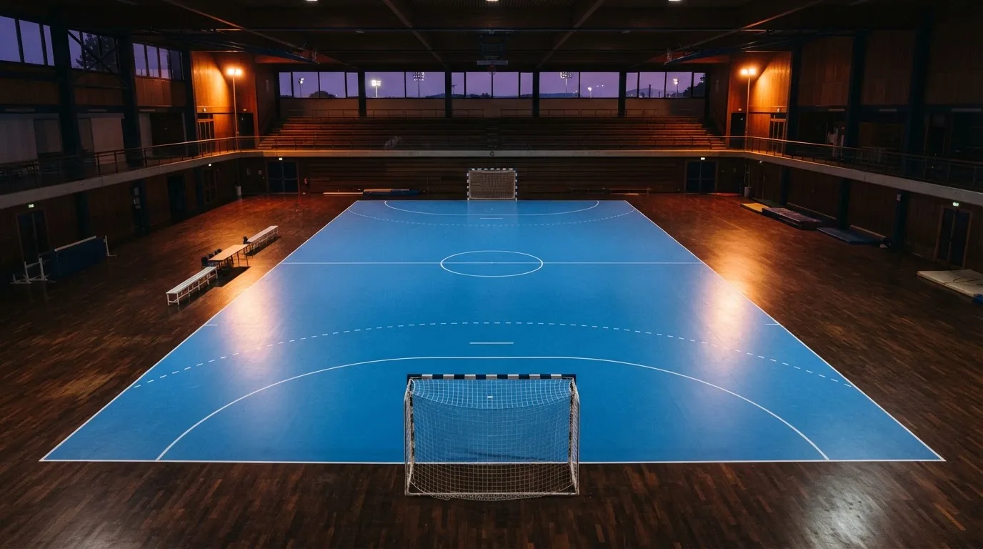 Een leeg voetbalstadion met lichtmasten bij schemering