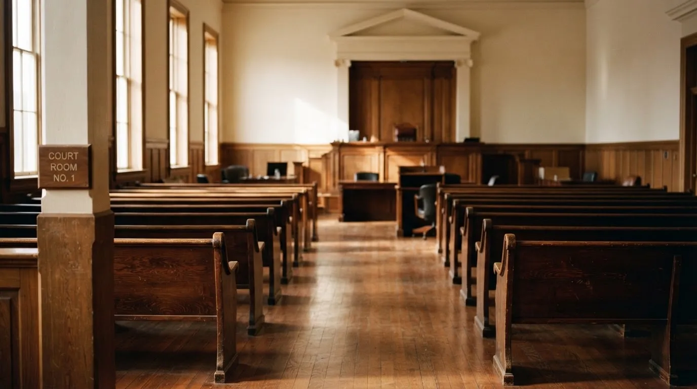 Een lege rechtszaal met houten banken in het ochtendlicht