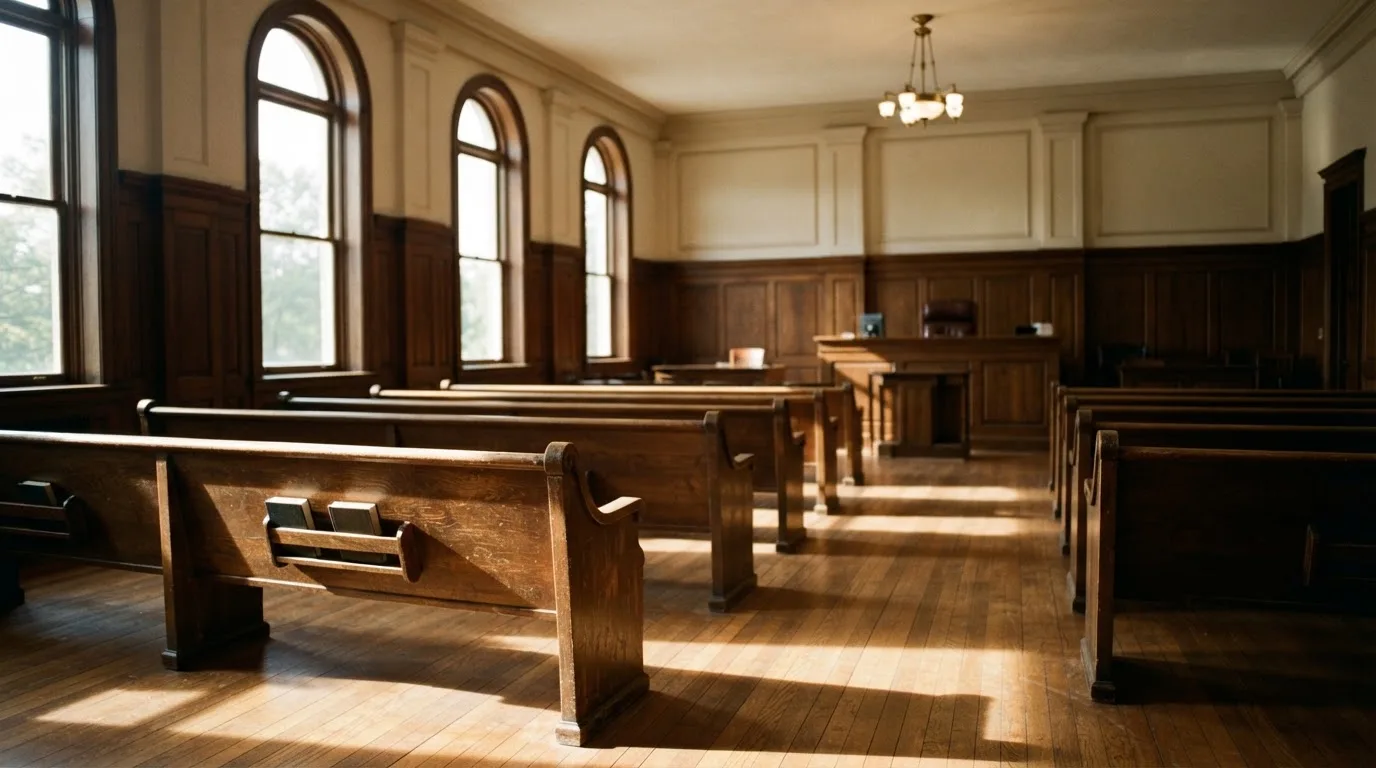 Een lege rechtszaal met houten banken in het ochtendlicht