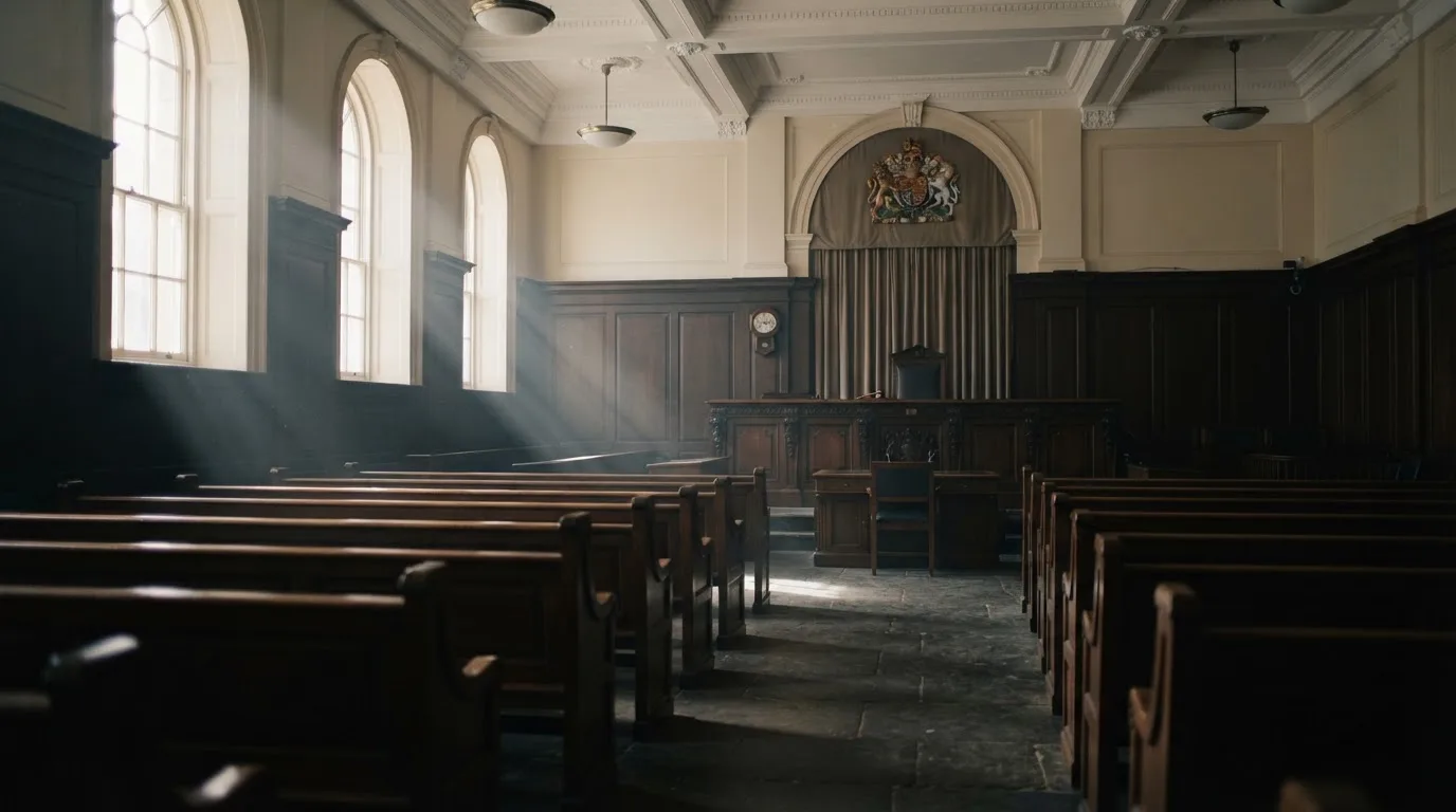 Een lege rechtszaal met houten banken in het ochtendlicht