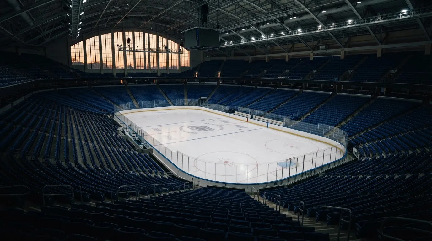 Een leeg voetbalstadion met lichtmasten bij schemering