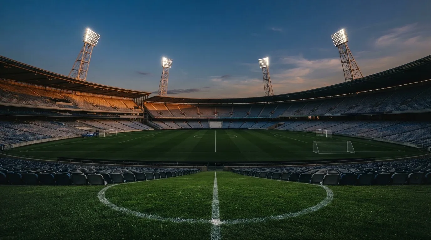 Een leeg voetbalstadion met lichtmasten bij schemering