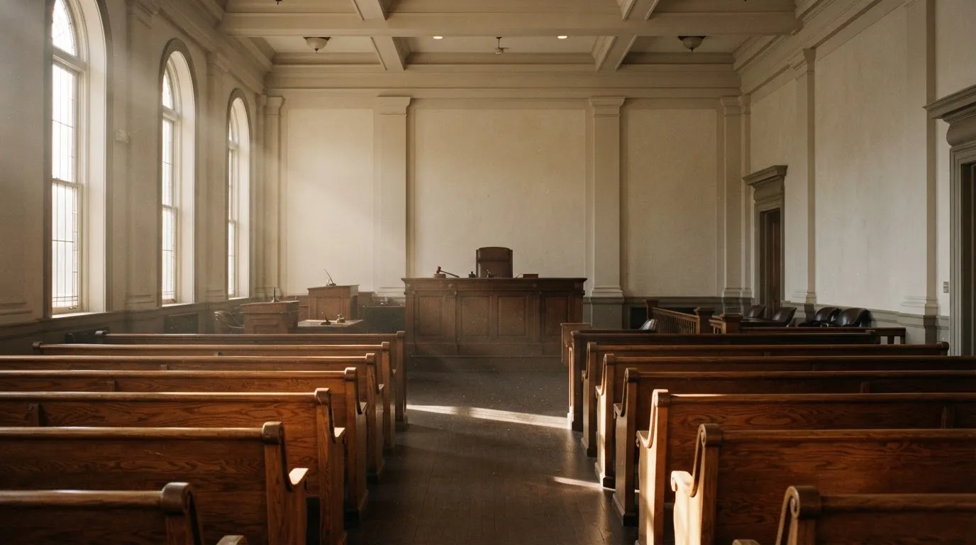 Een lege rechtszaal met houten banken in het ochtendlicht