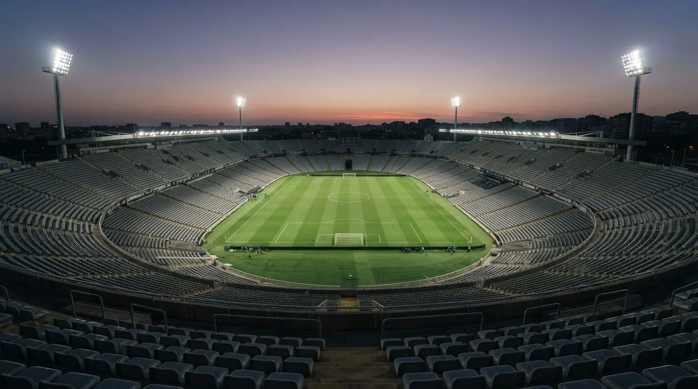 Een leeg voetbalstadion met lichtmasten bij schemering