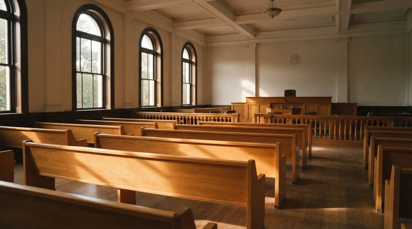 Een lege rechtszaal met houten banken in het ochtendlicht