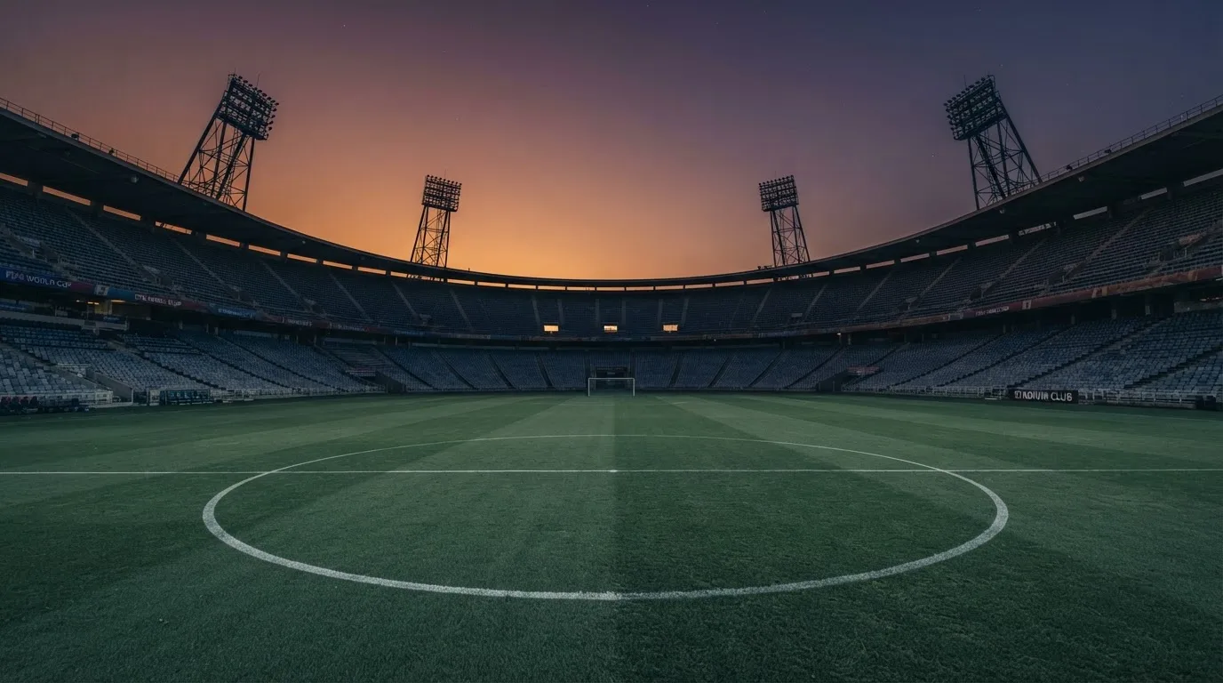 Een leeg voetbalstadion met lichtmasten bij schemering