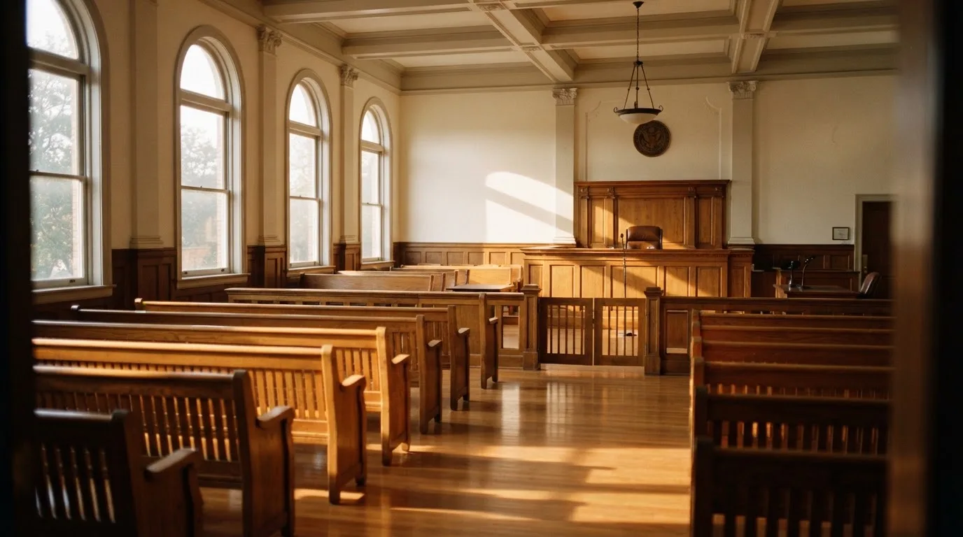 Een lege rechtszaal met houten banken in het ochtendlicht