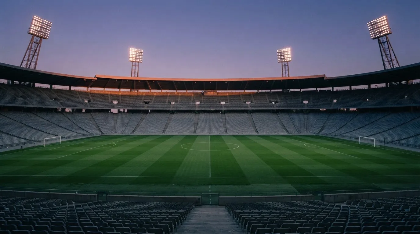 Een leeg voetbalstadion met lichtmasten bij schemering