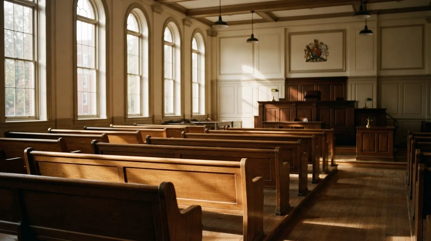 Een lege rechtszaal met houten banken in het ochtendlicht
