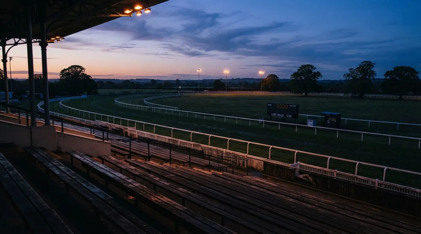 Een leeg voetbalstadion met lichtmasten bij schemering