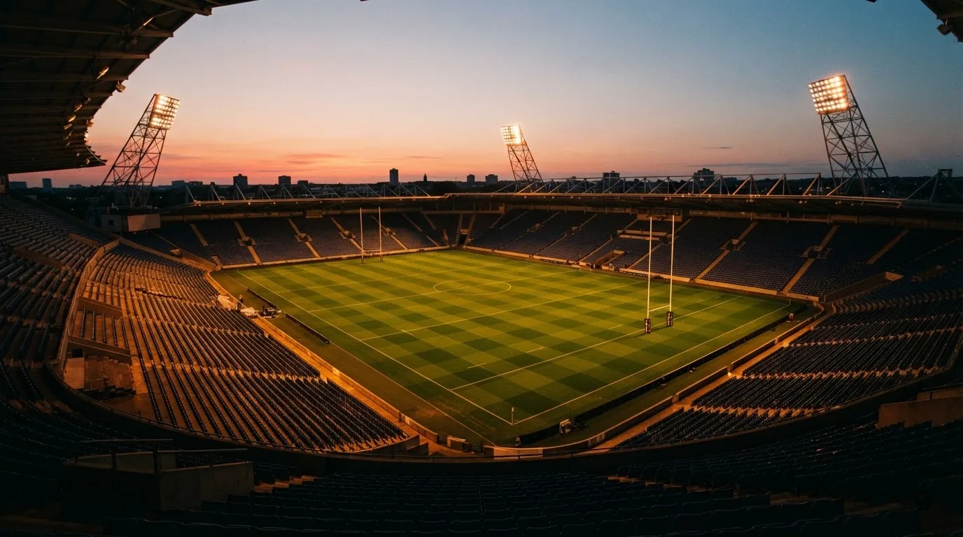 Een leeg voetbalstadion met lichtmasten bij schemering