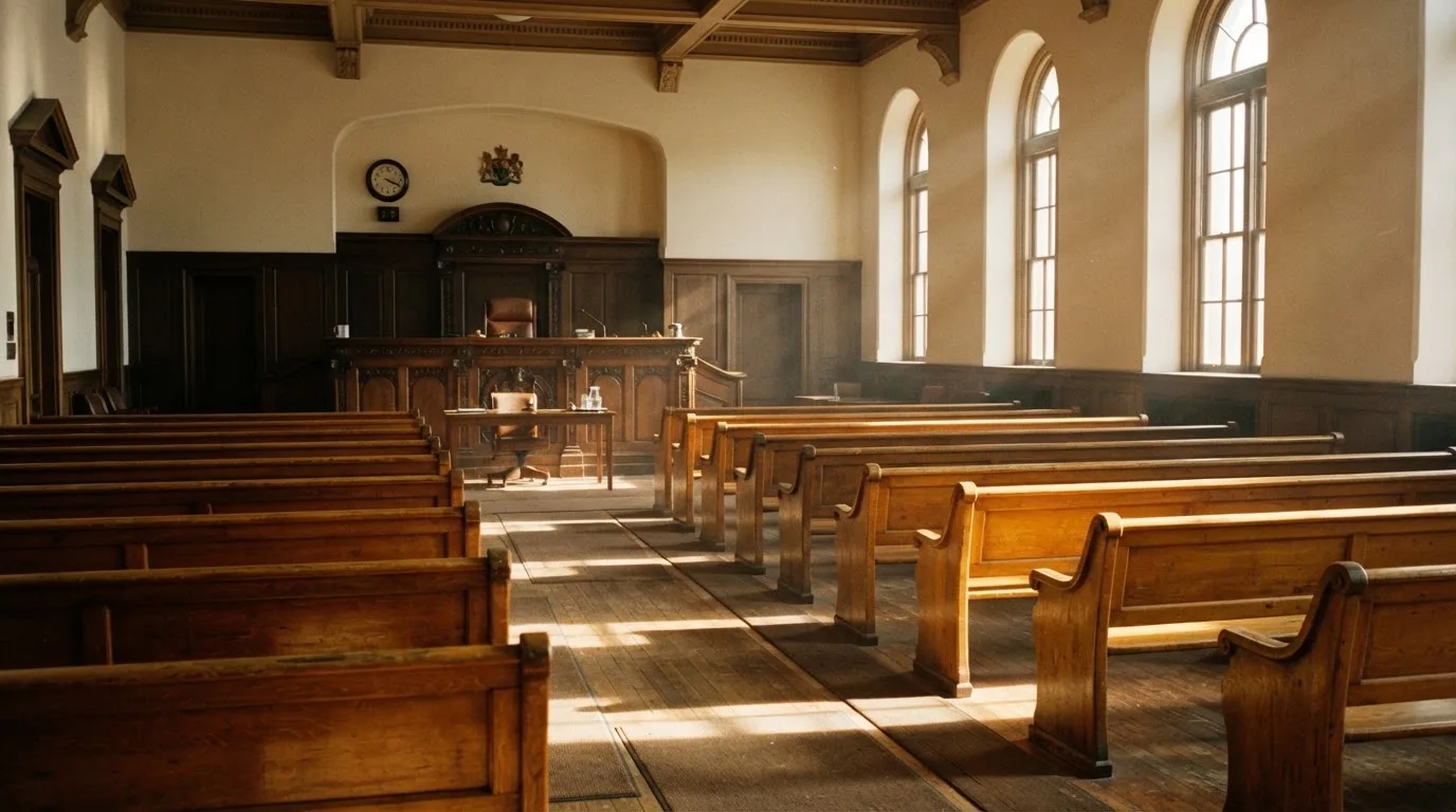 Een lege rechtszaal met houten banken in het ochtendlicht