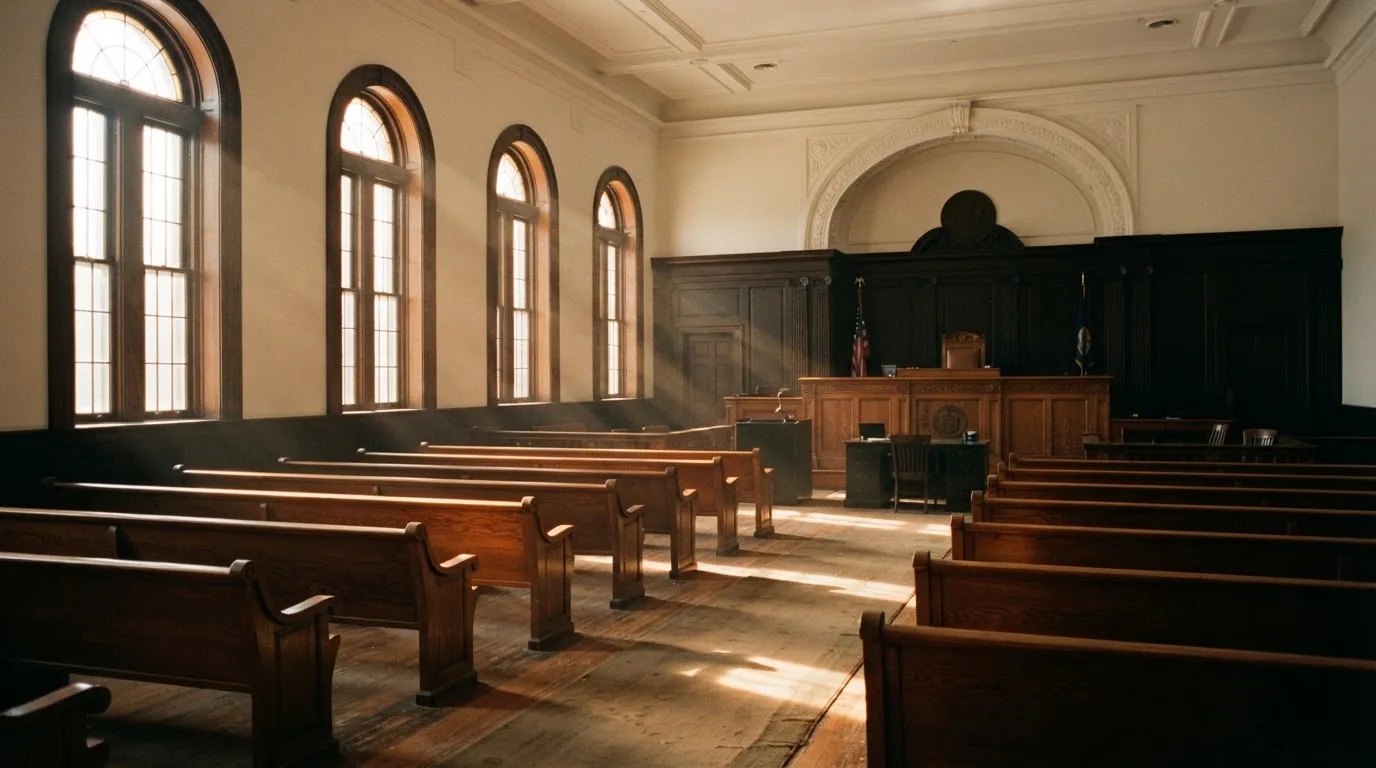 Een lege rechtszaal met houten banken in het ochtendlicht