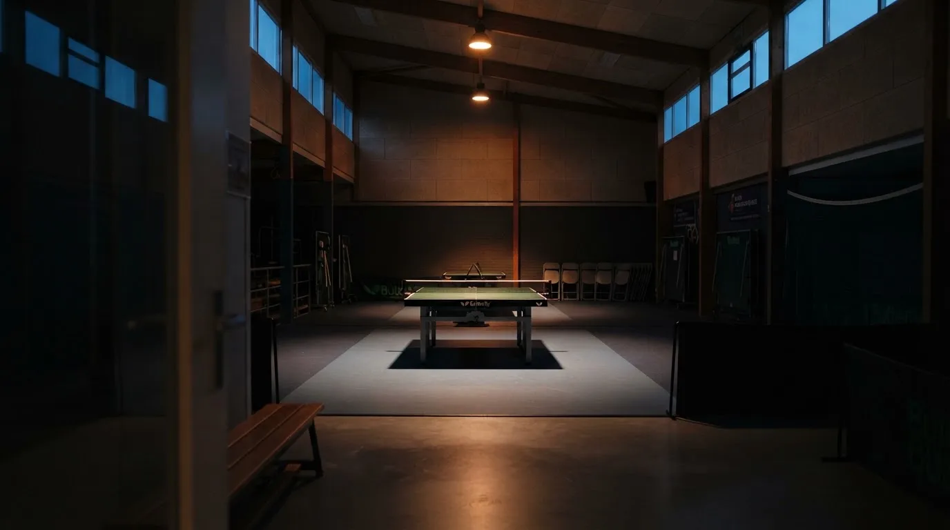 Een leeg voetbalstadion met lichtmasten bij schemering