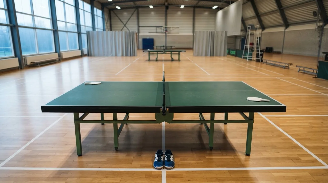 Een lege rechtszaal met houten banken in het ochtendlicht