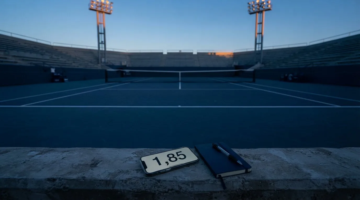 Een leeg voetbalstadion met lichtmasten bij schemering