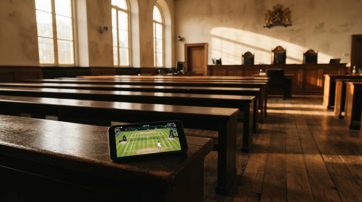 Een lege rechtszaal met houten banken in het ochtendlicht