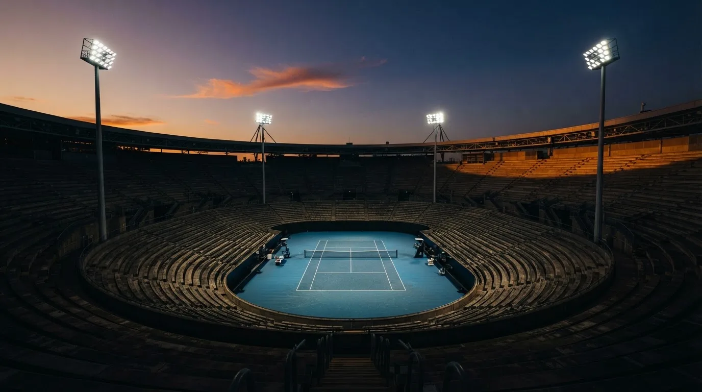 Een leeg voetbalstadion met lichtmasten bij schemering