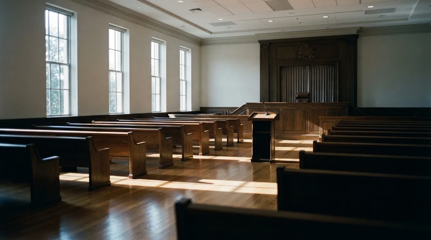 Een lege rechtszaal met houten banken in het ochtendlicht