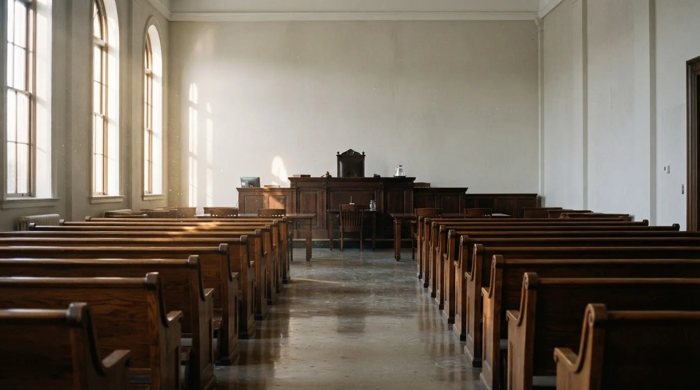 Een lege rechtszaal met houten banken in het ochtendlicht