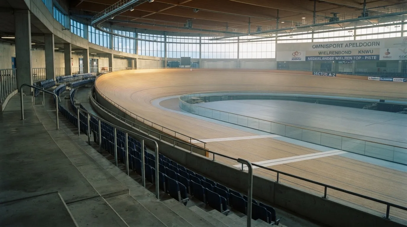 Een leeg voetbalstadion met lichtmasten bij schemering