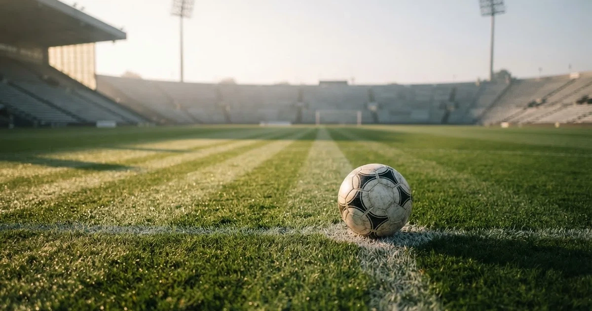 Een voetbal op de middenstip van een grasveld in het ochtendlicht
