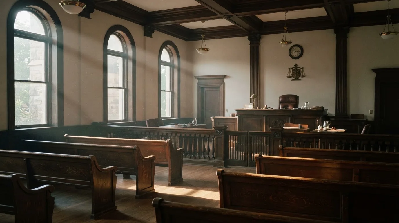 Een lege rechtszaal met houten banken in het ochtendlicht