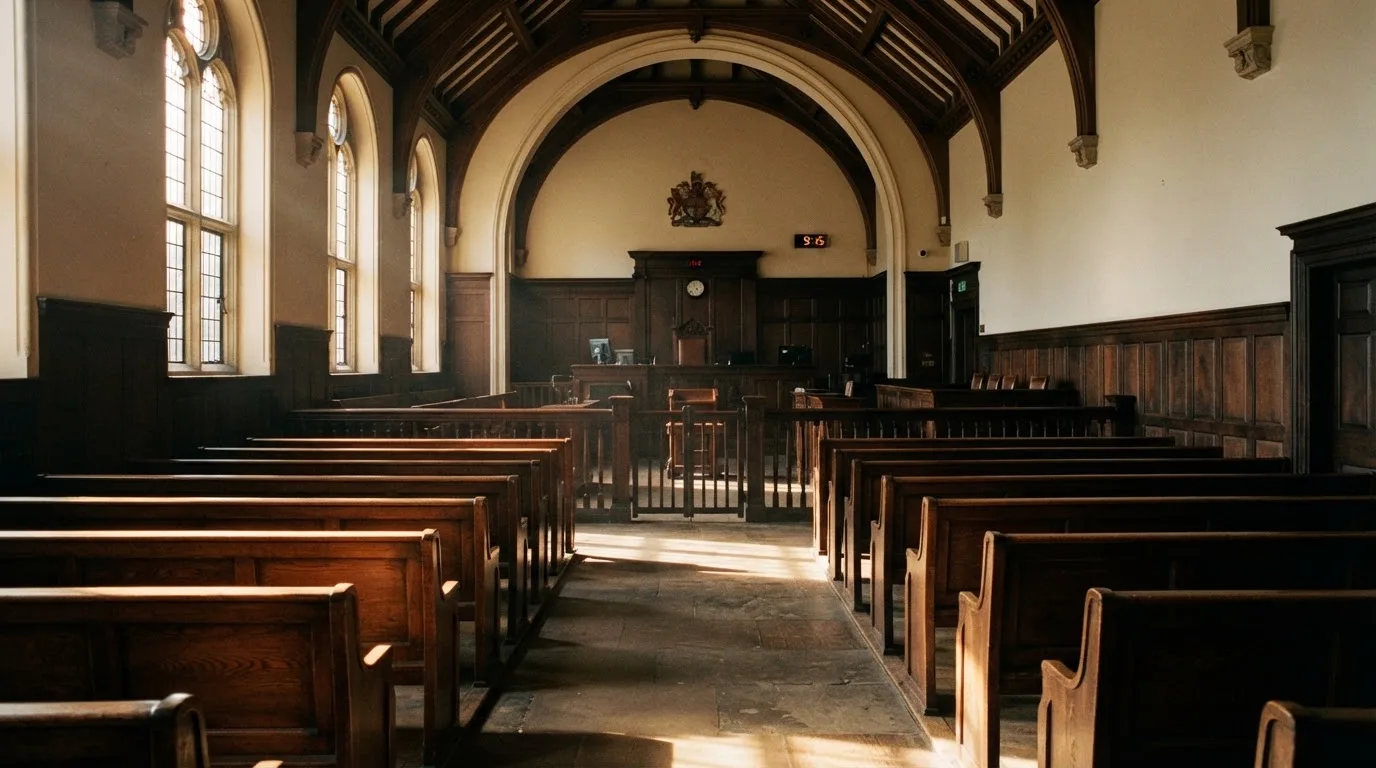 Een lege rechtszaal met houten banken in het ochtendlicht