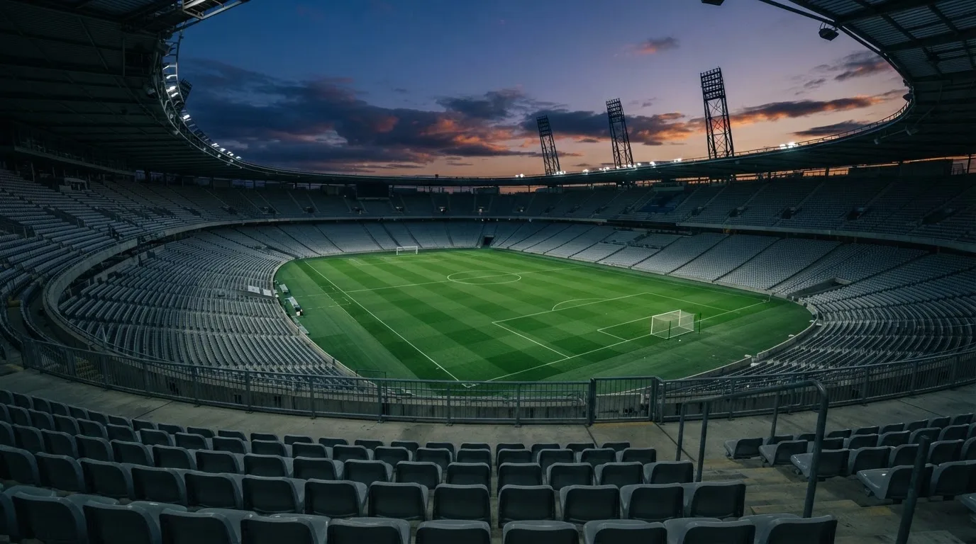 Een leeg voetbalstadion met lichtmasten bij schemering