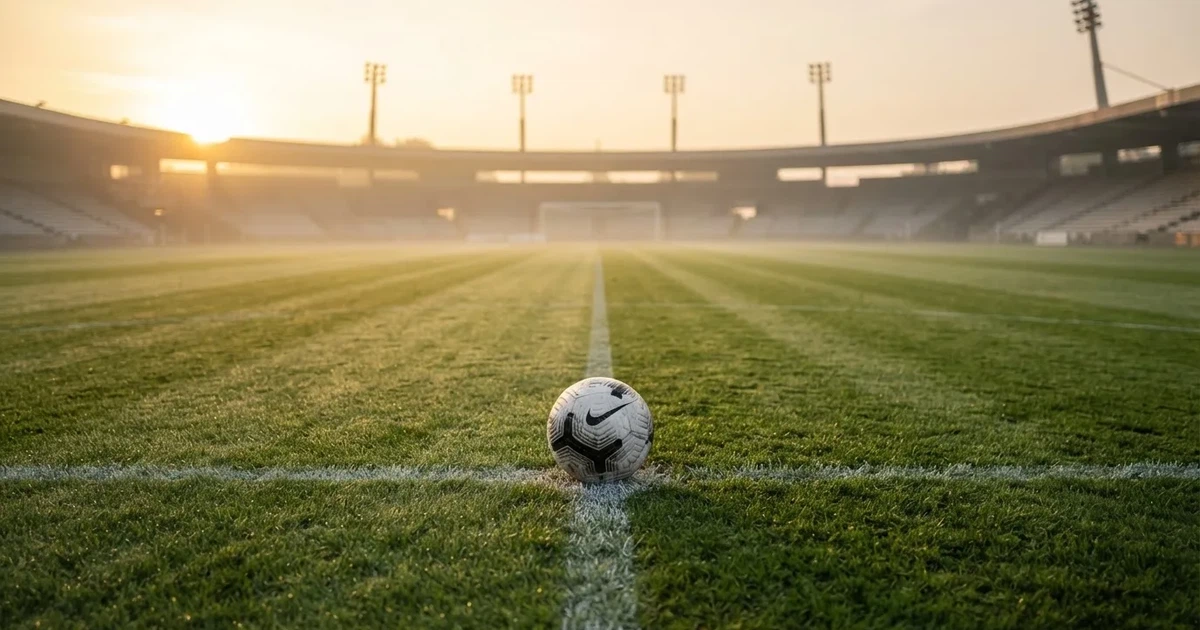 Een voetbal op de middenstip van een grasveld in het ochtendlicht