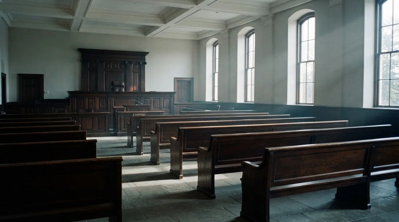Een lege rechtszaal met houten banken in het ochtendlicht