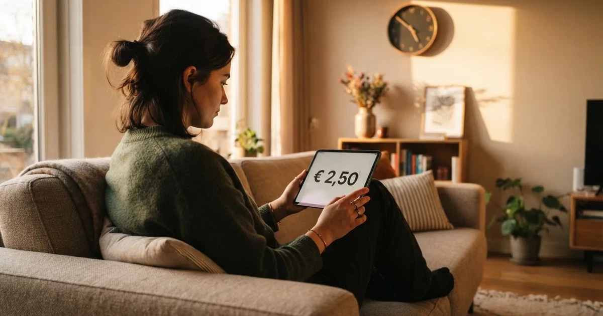 Een persoon op de bank kijkt peinzend naar een tablet, op de achtergrond een klok aan de muur