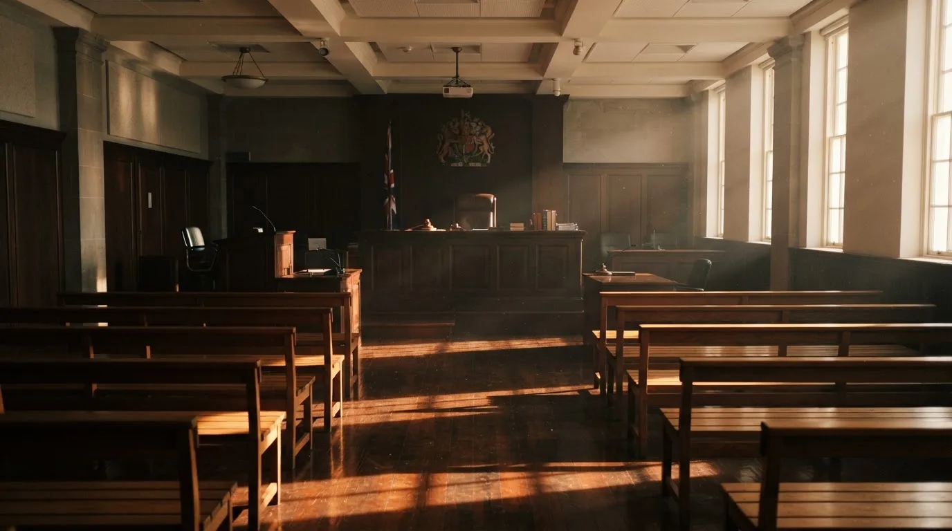 Een lege rechtszaal met houten banken in het ochtendlicht
